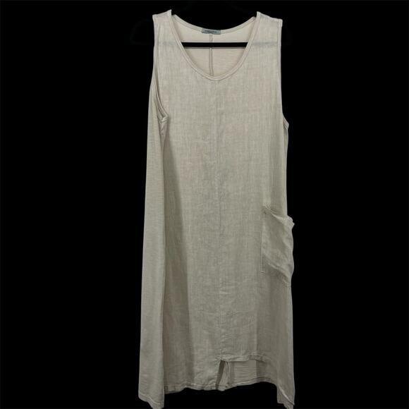 Angela Mara SZ L/XL Midi Asymmetrical Dress Cotton Linen Blend Minimalist Cream - Picture 1 of 6